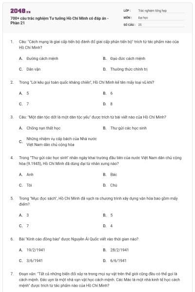 700+ câu trắc nghiệm Tư tưởng Hồ Chí Minh có đáp án - Phần 21