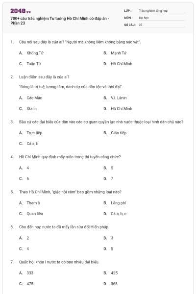 700+ câu trắc nghiệm Tư tưởng Hồ Chí Minh có đáp án - Phần 23