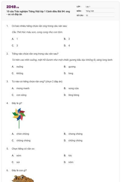 10 câu Trắc nghiệm Tiếng Việt lớp 1 Cánh diều Bài 84: ong - oc có đáp án