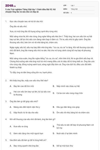 5 câu Trắc nghiệm Tiếng Việt lớp 1 Cánh diều Bài 92: Kể chuyện Ông lão và sếu nhỏ có đáp án