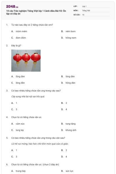 10 câu Trắc nghiệm Tiếng Việt lớp 1 Cánh diều Bài 93: Ôn tập có đáp án