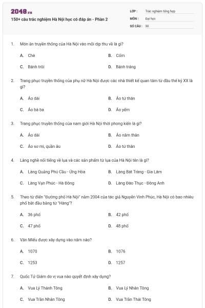 150+ câu trắc nghiệm Hà Nội học có đáp án - Phần 2
