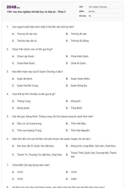 150+ câu trắc nghiệm Hà Nội học có đáp án - Phần 5