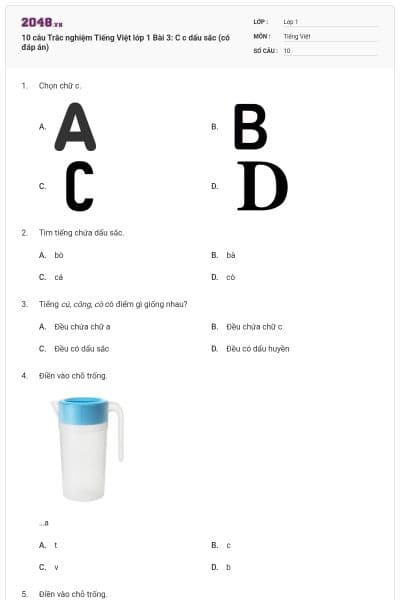 10 câu Trắc nghiệm Tiếng Việt lớp 1 Bài 3: C c dấu sắc (có đáp án)