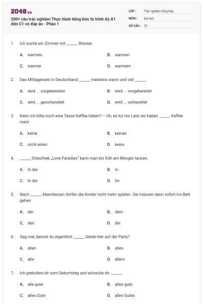 200+ câu trắc nghiệm Thực hành tiếng Đức từ trình độ A1 đến C1 có đáp án - Phần 1