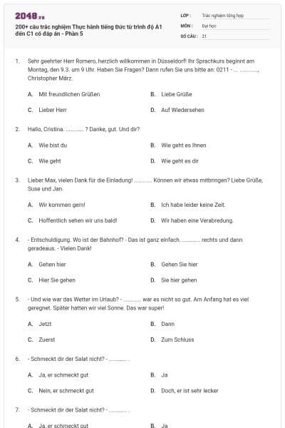 200+ câu trắc nghiệm Thực hành tiếng Đức từ trình độ A1 đến C1 có đáp án - Phần 5