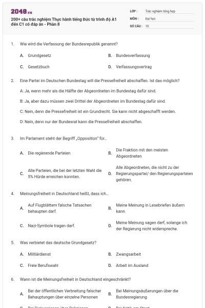 200+ câu trắc nghiệm Thực hành tiếng Đức từ trình độ A1 đến C1 có đáp án - Phần 8