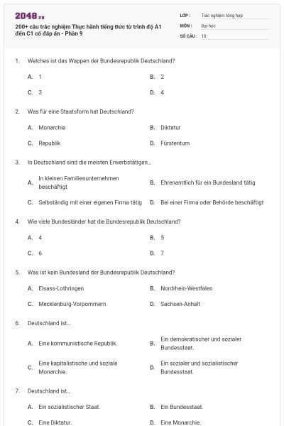 200+ câu trắc nghiệm Thực hành tiếng Đức từ trình độ A1 đến C1 có đáp án - Phần 9