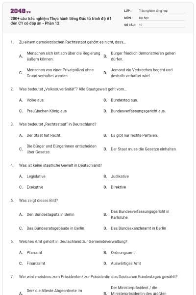 200+ câu trắc nghiệm Thực hành tiếng Đức từ trình độ A1 đến C1 có đáp án - Phần 12