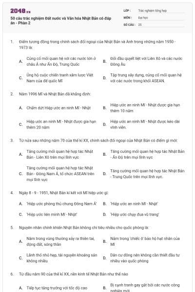 50 câu trắc nghiệm Đất nước và Văn hóa Nhật Bản có đáp án - Phần 2