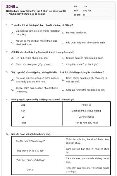 Bài tập hàng ngày Tiếng Việt lớp 4 Chân trời sáng tạo Bài 1: Những ngày hè tươi đẹp có đáp án