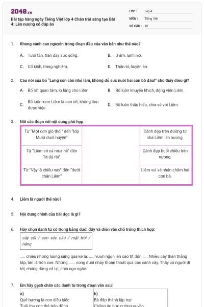 Bài tập hàng ngày Tiếng Việt lớp 4 Chân trời sáng tạo Bài 4: Lên nương có đáp án