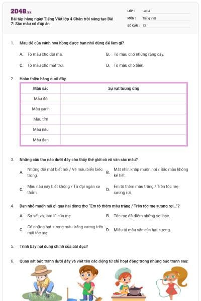 Bài tập hàng ngày Tiếng Việt lớp 4 Chân trời sáng tạo Bài 7: Sắc màu có đáp án