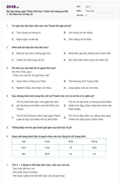 Bài tập hàng ngày Tiếng Việt lớp 4 Chân trời sáng tạo Bài 1: Về thăm bà có đáp án