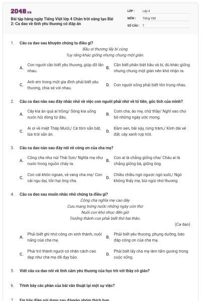 Bài tập hàng ngày Tiếng Việt lớp 4 Chân trời sáng tạo Bài 2: Ca dao về tình yêu thương có đáp án