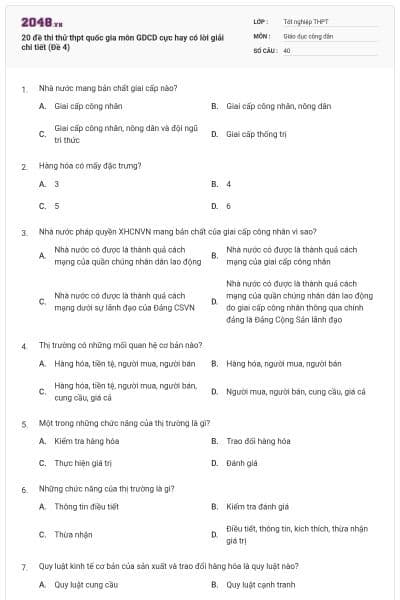 20 đề thi thử thpt quốc gia môn GDCD cực hay có lời giải chi tiết (Đề 4)