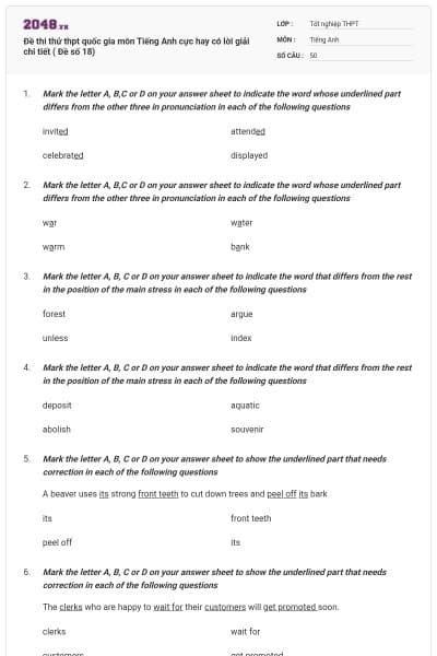 Đề thi thử thpt quốc gia môn Tiếng Anh cực hay có lời giải chi tiết ( Đề số 18)