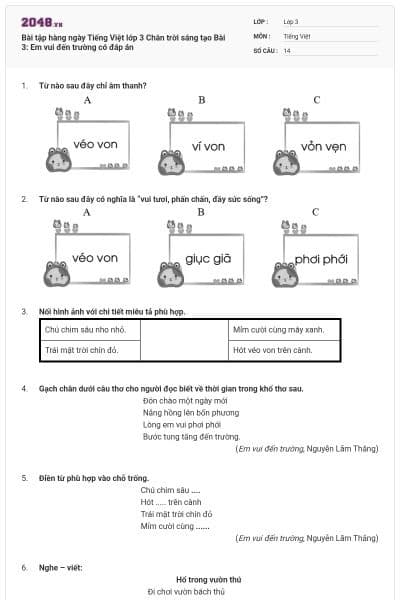 Bài tập hàng ngày Tiếng Việt lớp 3 Chân trời sáng tạo Bài 3: Em vui đến trường có đáp án