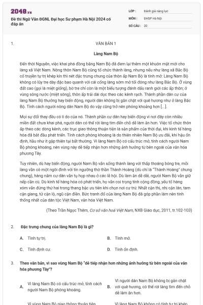 Đề thi Ngữ Văn ĐGNL Đại học Sư phạm Hà Nội 2024 có đáp án