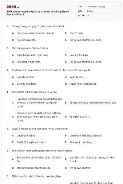 400+ câu trắc nghiệm Quản trị tài chính doanh nghiệp có đáp án - Phần 1