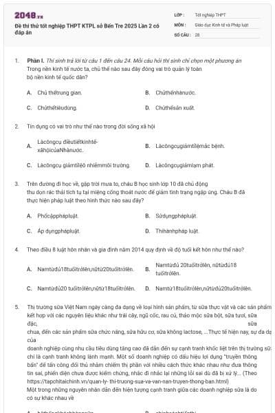 Đề thi thử tốt nghiệp THPT KTPL sở Bến Tre 2025 Lần 2 có đáp án