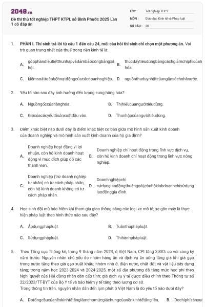 Đề thi thử tốt nghiệp THPT KTPL sở Bình Phước 2025 Lần 1 có đáp án