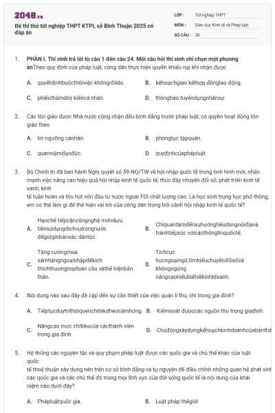 Đề thi thử tốt nghiệp THPT KTPL sở Bình Thuận 2025 có đáp án