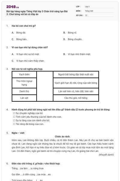 Bài tập hàng ngày Tiếng Việt lớp 3 Chân trời sáng tạo Bài 3: Chơi bóng với bố có đáp án