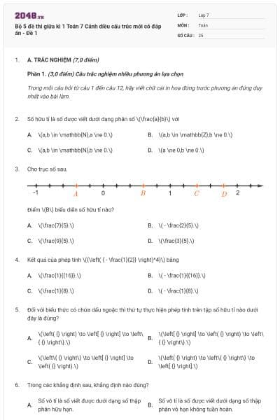 Bộ 5 đề thi giữa kì 1 Toán 7 Cánh diều cấu trúc mới có đáp án - Đề 1