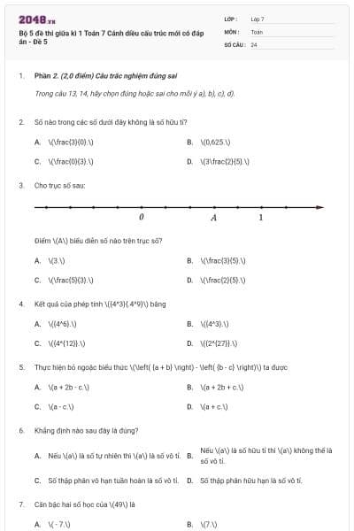 Bộ 5 đề thi giữa kì 1 Toán 7 Cánh diều cấu trúc mới có đáp án - Đề 5