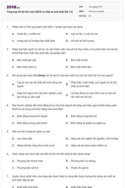 Tổng hợp đề thi thử môn GDCD có đáp án mới nhất (Đề 13)