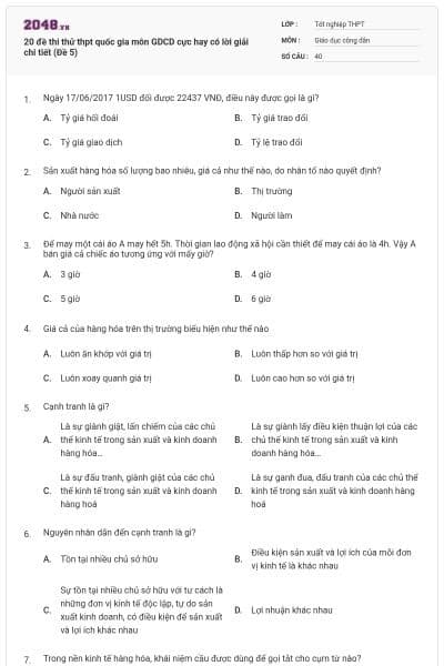 20 đề thi thử thpt quốc gia môn GDCD cực hay có lời giải chi tiết (Đề 5)