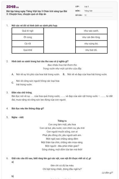 Bài tập hàng ngày Tiếng Việt lớp 3 Chân trời sáng tạo Bài 3: Chuyện hoa, chuyện quả có đáp án
