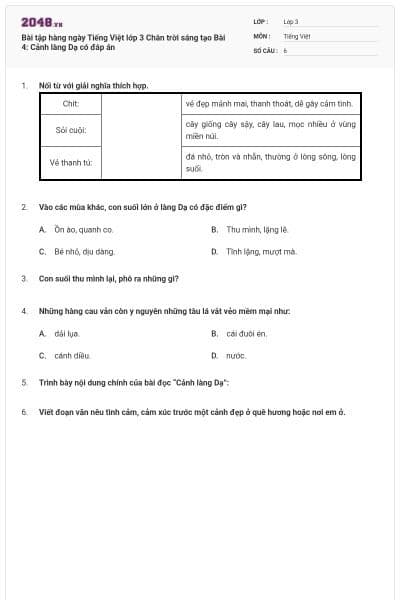 Bài tập hàng ngày Tiếng Việt lớp 3 Chân trời sáng tạo Bài 4: Cảnh làng Dạ có đáp án