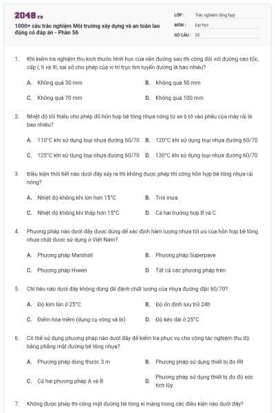 1000+ câu trắc nghiệm Môi trường xây dựng và an toàn lao động có đáp án - Phần 56