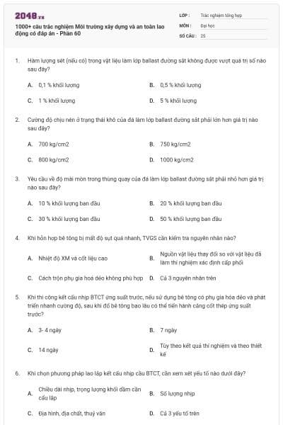 1000+ câu trắc nghiệm Môi trường xây dựng và an toàn lao động có đáp án - Phần 60