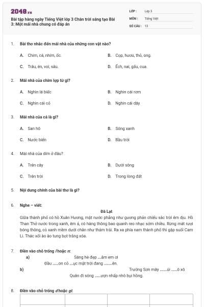 Bài tập hàng ngày Tiếng Việt lớp 3 Chân trời sáng tạo Bài 3: Một mái nhà chung có đáp án
