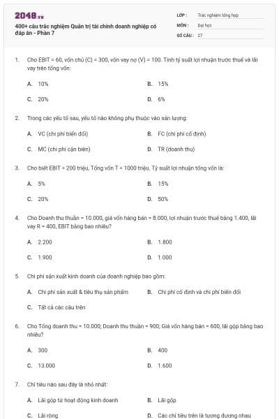 400+ câu trắc nghiệm Quản trị tài chính doanh nghiệp có đáp án - Phần 7