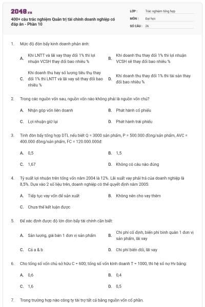 400+ câu trắc nghiệm Quản trị tài chính doanh nghiệp có đáp án - Phần 10