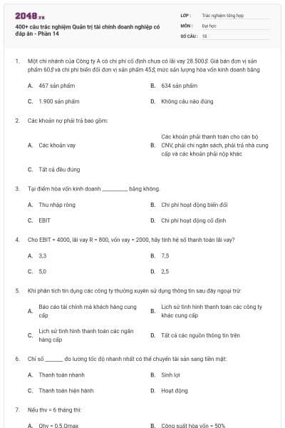 400+ câu trắc nghiệm Quản trị tài chính doanh nghiệp có đáp án - Phần 14