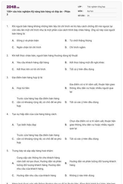 100+ câu trắc nghiệm Kỹ năng bán hàng có đáp án - Phần 3