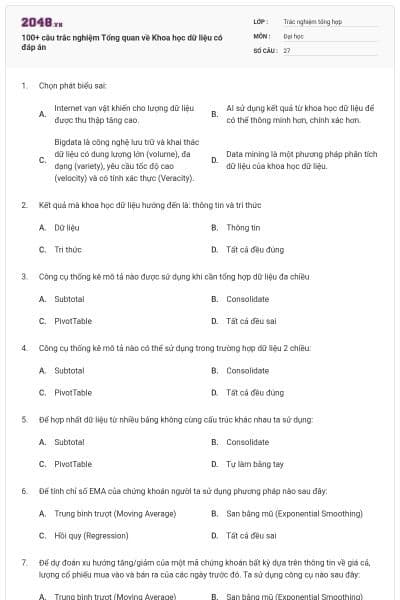 100+ câu trắc nghiệm Tổng quan về Khoa học dữ liệu có đáp án