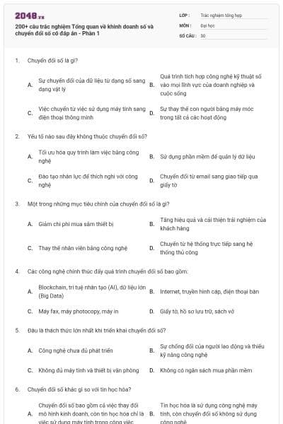 200+ câu trắc nghiệm Tổng quan về khinh doanh số và chuyển đổi số có đáp án - Phần 1