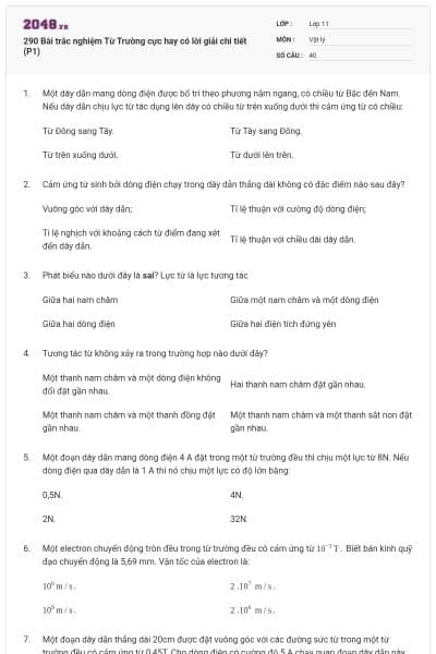 290 Bài trắc nghiệm Từ Trường cực hay có lời giải chi tiết (P1)