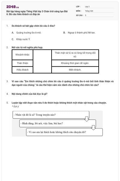 Bài tập hàng ngày Tiếng Việt lớp 3 Chân trời sáng tạo Bài 6: Bồ câu hiếu khách có đáp án