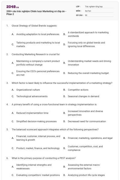 200+ câu trắc nghiệm Chiến lược Marketing có đáp án - Phần 2