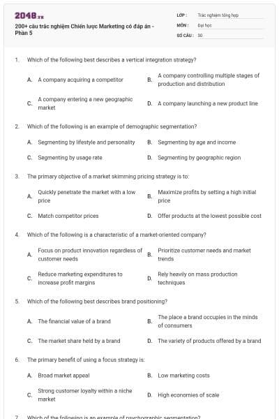 200+ câu trắc nghiệm Chiến lược Marketing có đáp án - Phần 5