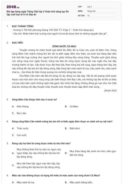 Bài tập hàng ngày Tiếng Việt lớp 3 Chân trời sáng tạo Ôn tập cuối học kì II có đáp án