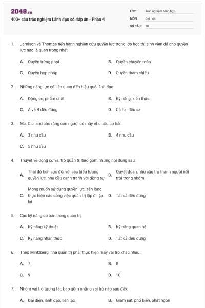 400+ câu trắc nghiệm Lãnh đạo có đáp án - Phần 4