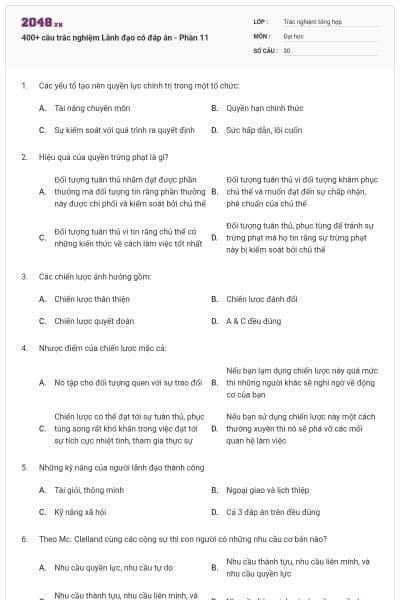 400+ câu trắc nghiệm Lãnh đạo có đáp án - Phần 11